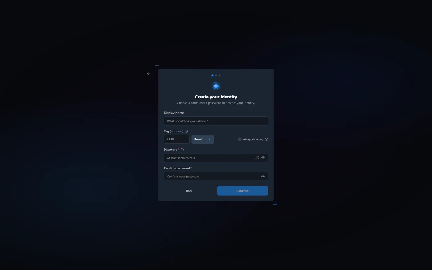 Create identity screen with username and password fields