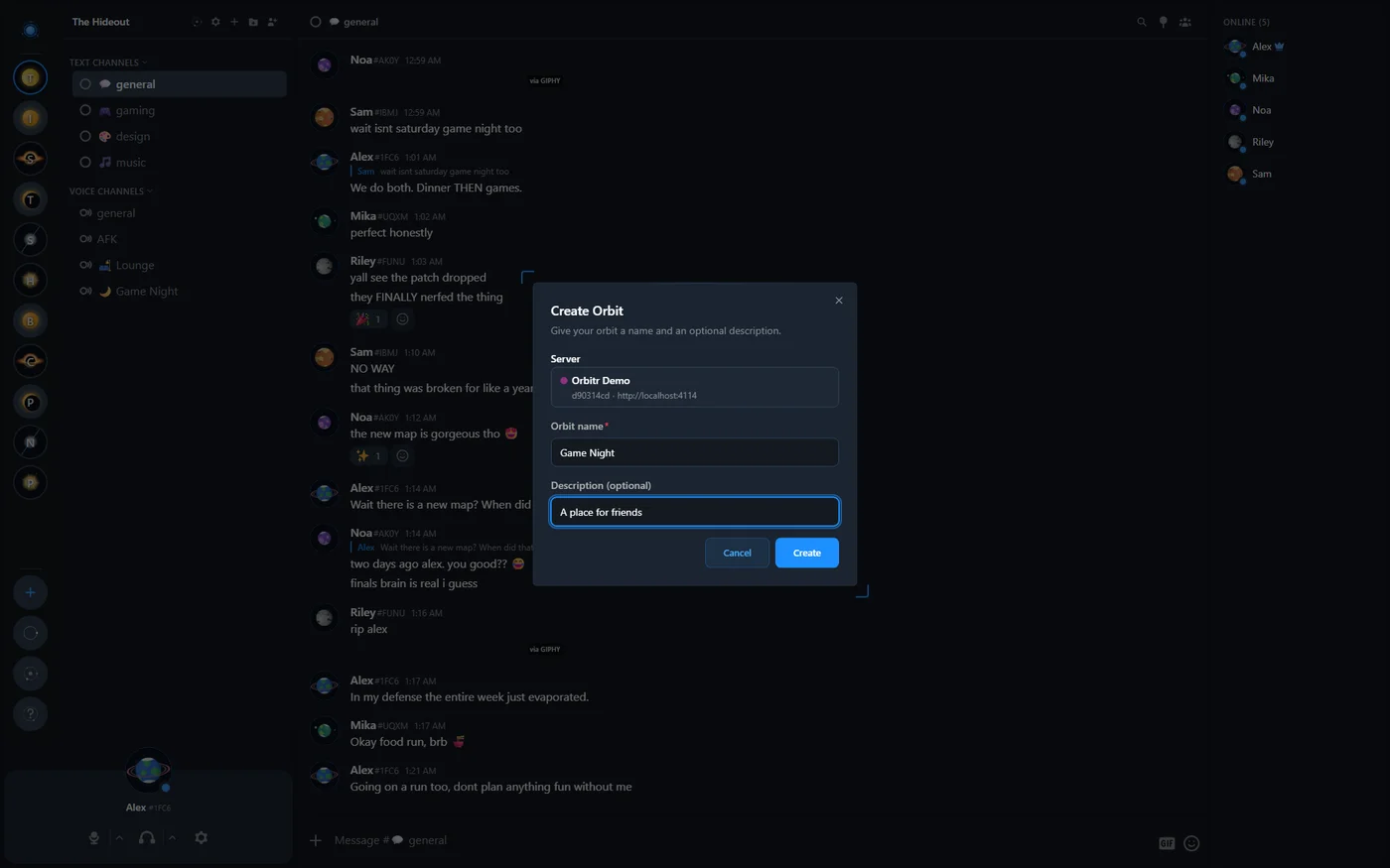 The Create Orbit dialog open over the orbit rail