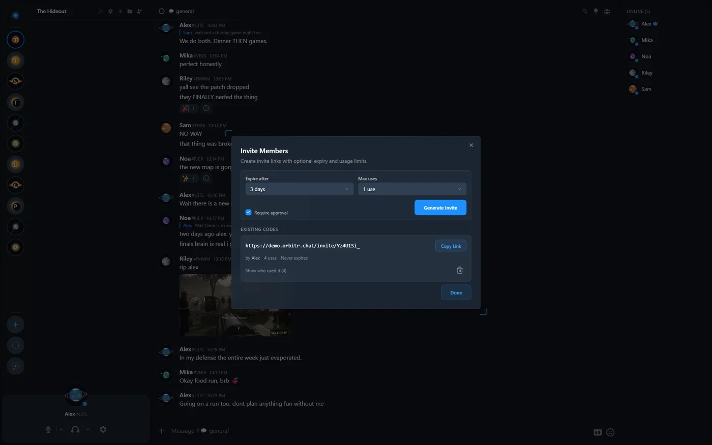 The invite dialog inside an orbit