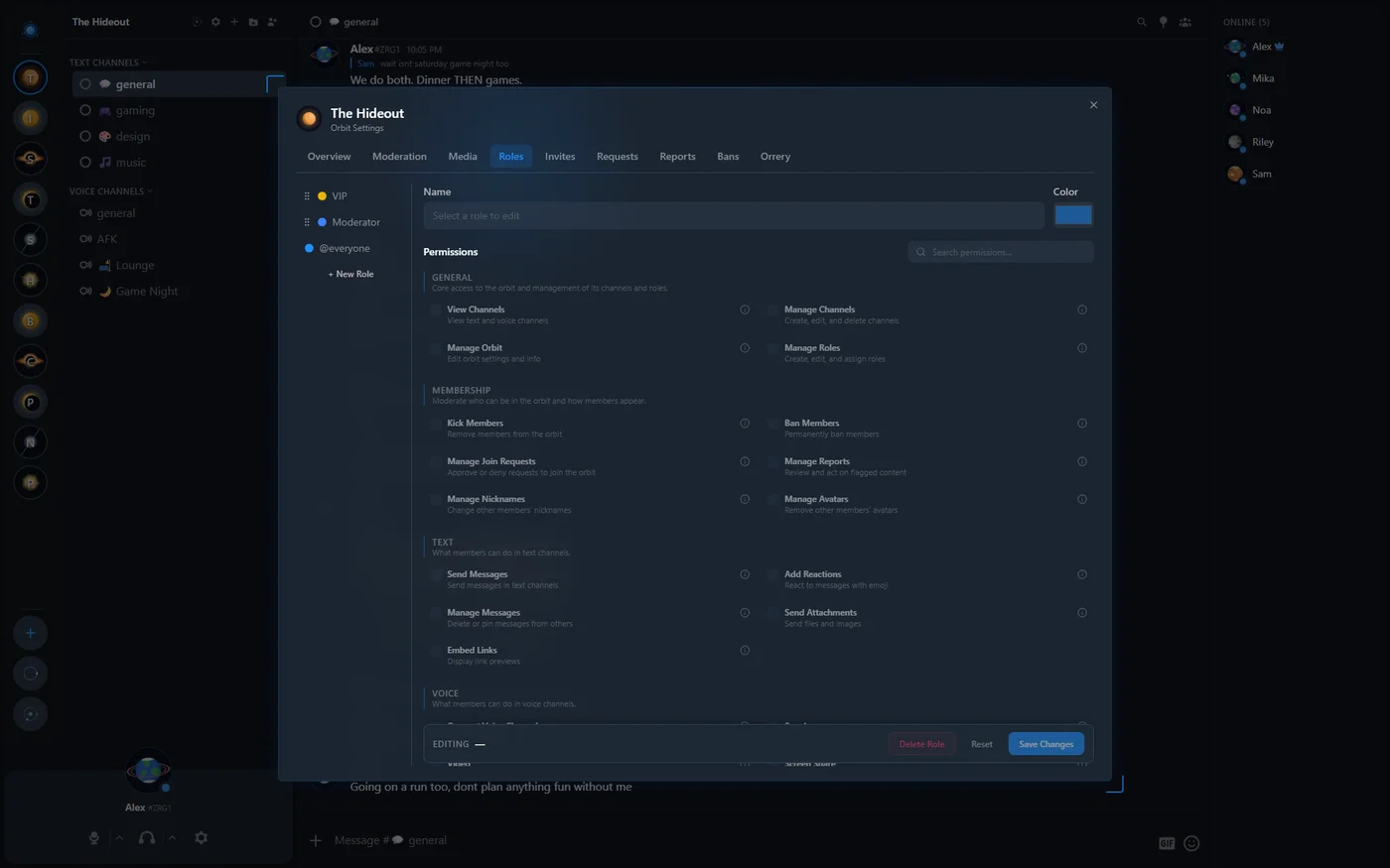 Role editor showing role list and permission toggles