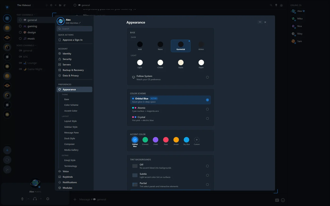 Appearance settings panel
