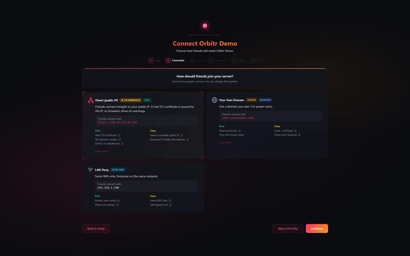 Server setup wizard with connection method options