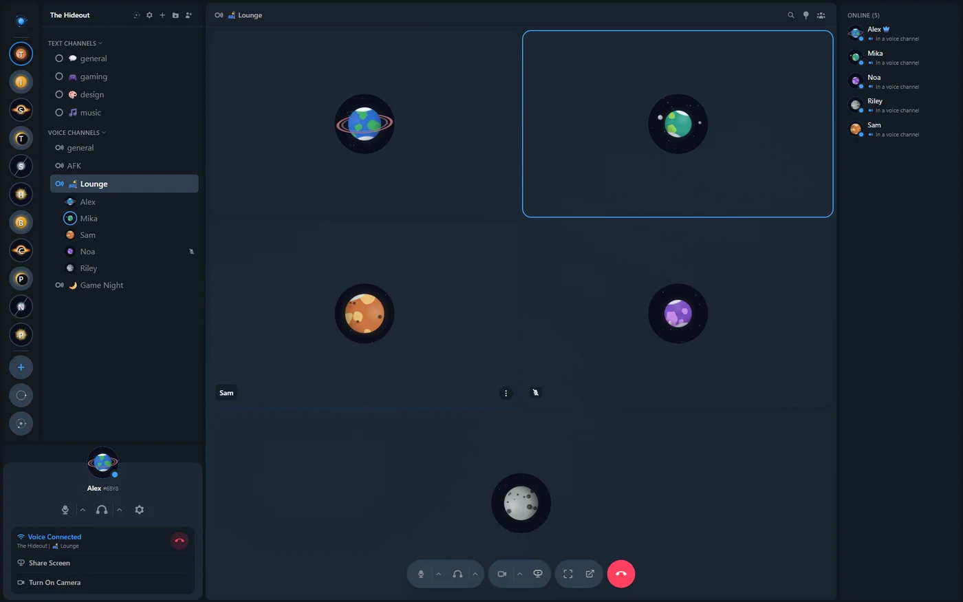 In-call voice room with five connected members shown as orbiter tiles