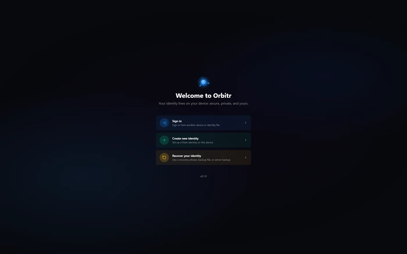 Welcome screen with sign in, create, and recover options